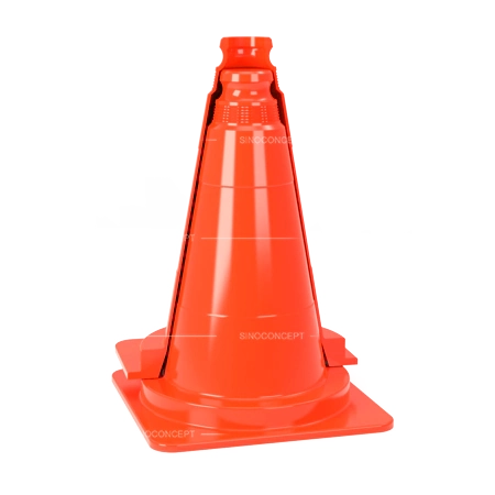 Cross section of traffic cone showing anti stick stacking system with small gap between trunks preventing cones sticking in hot weather for easier handling and storage
