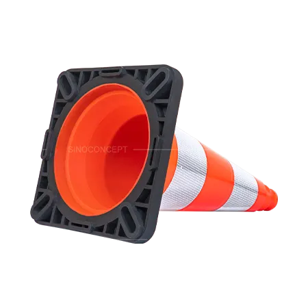 Close-up bottom view of traffic cones showing black weighted base with anti-slip design and stacking structure for stability