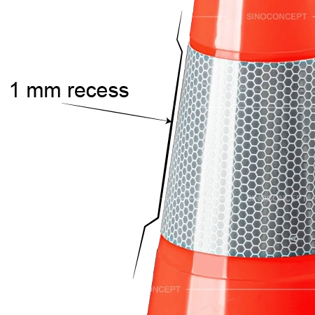 Close up of traffic cone showing reflective collar with 1 mm recess for better protection and durability