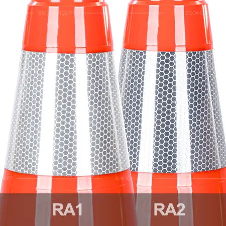 Comparison of RA1 and RA2 reflectivesleeves used on traffic cones for increased high visibility