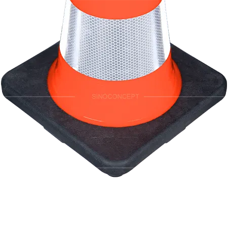 Close up of traffic cone tough one piece design with trunk and base formed together in a single mould step preventing seams joints and base separation