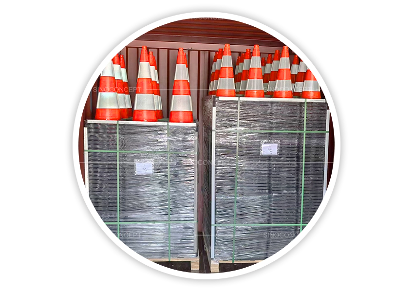 Traffic control equipment traffic cones packed in bulk for transport and convenient delivery