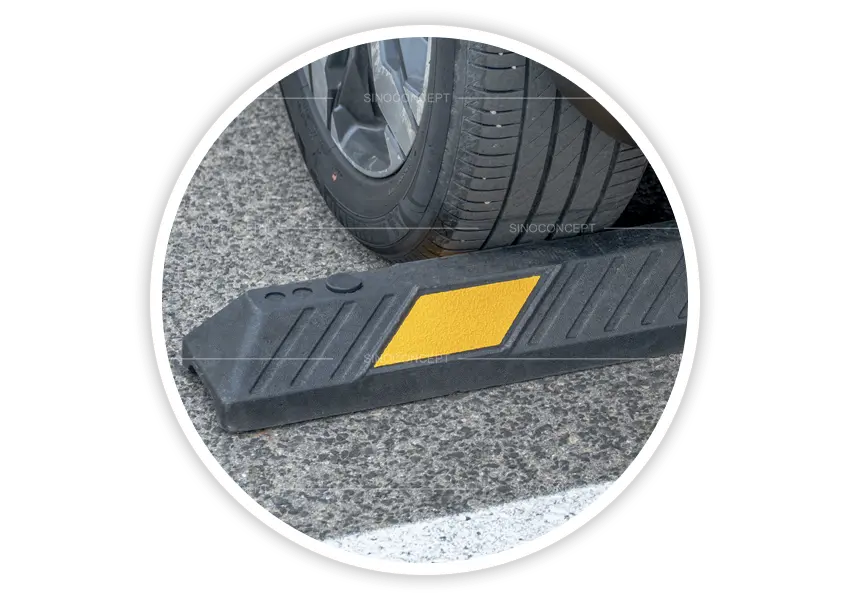 1650 mm wheel stop installed in parking bay with vehicle tyre positioned against stop