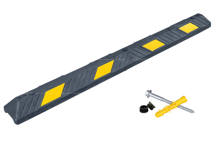 1650 mm wheel stop with yellow reflective films supplied with fixing bolts, expansion anchors and caps