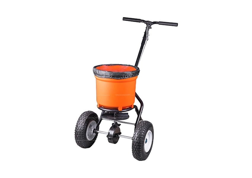 25L walk behind salt spreader with round hopper, rubber wheels and push handle for de-icing use