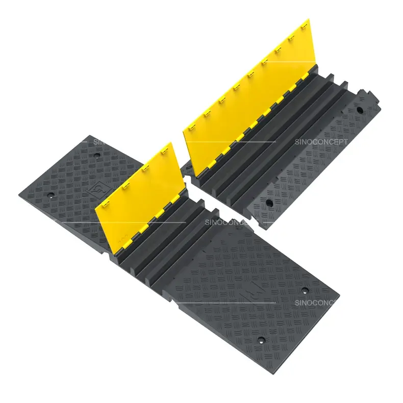 3-channel DDA wheelchair cable ramp joined with matching cable ramp sections, lids open to show internal cable channels