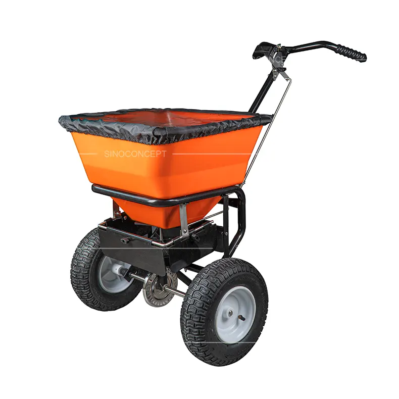 45L walk behind salt spreader with rain cover and pneumatic tyres