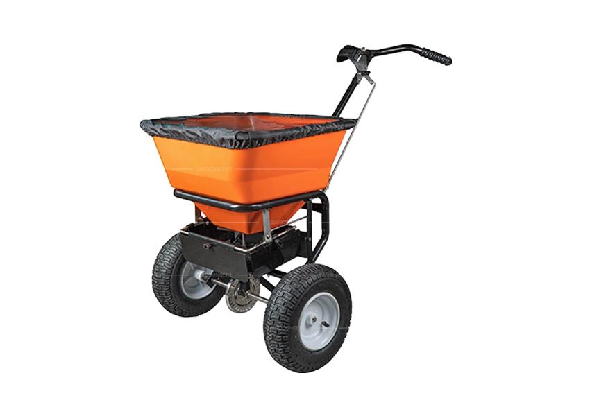 45L walk behind salt spreader with large hopper, rubber wheels and push handle for road and pavement spreading
