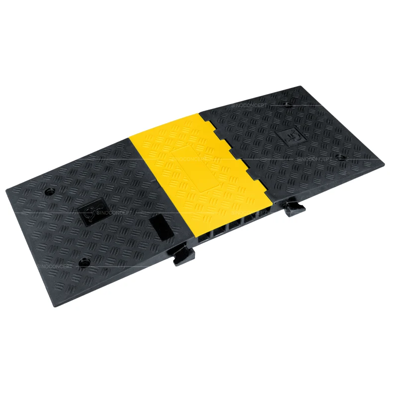 5-channel DDA wheelchair cable ramp with black base and yellow lid, designed for safe cable protection in pedestrian areas