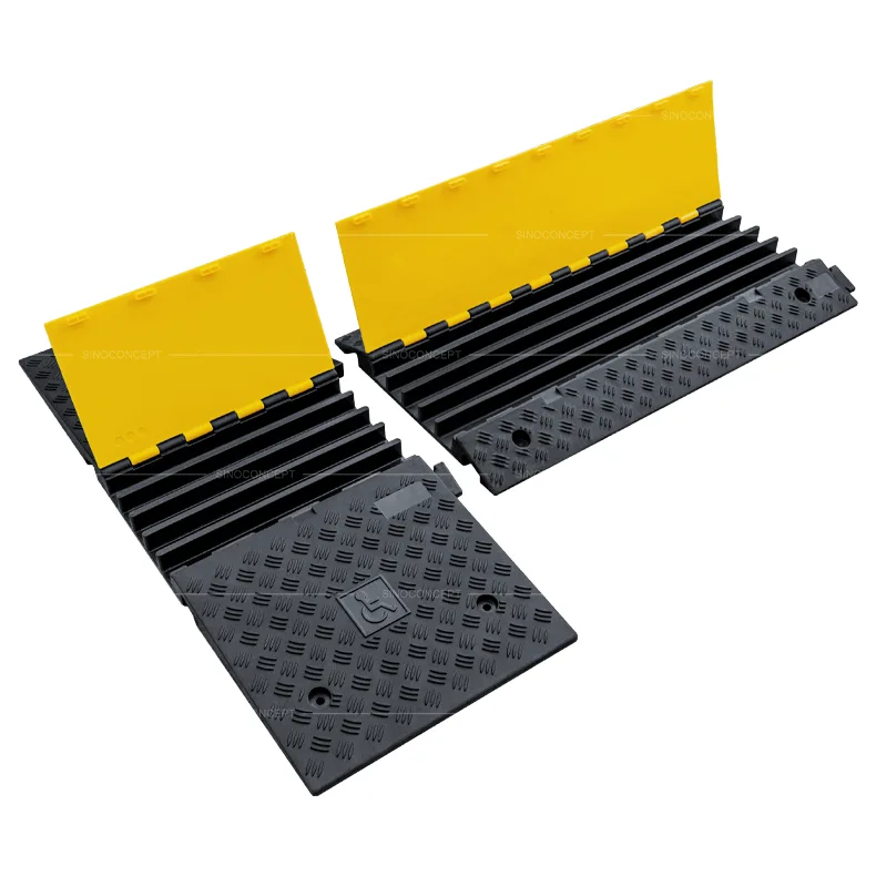 5-channel DDA wheelchair cable ramp featuring connectable design, joined with 5-channel cable ramp to create a smooth and accessible transition