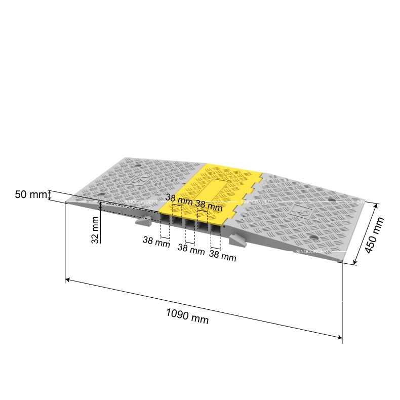 5-channel DDA wheelchair cable ramp dimensions showing 1090 mm width, 450 mm length, 50 mm height and 38 mm channels