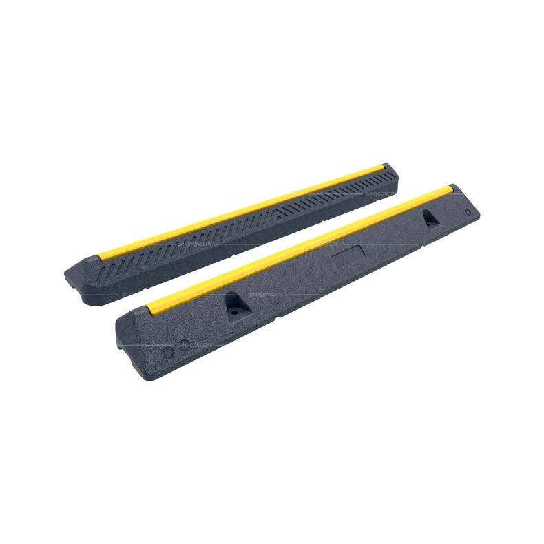 Car wheel stop in black with yellow reflective strip, supplied as a two-piece set for parking bay control