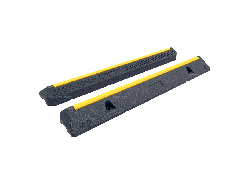Car wheel stop made from plastic-rubber composite with yellow reflective strip for parking safety
