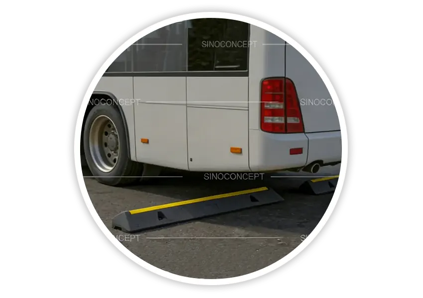 Coach wheel stop installed in a parking space to guide bus positioning and prevent overrun