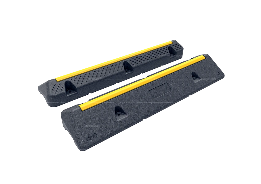 Coach wheel stop made from plastic-rubber composite with yellow reflective strip for heavy vehicle parking control