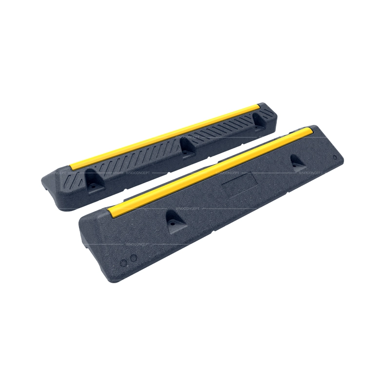 Coach wheel stop in black with yellow reflective strip for parking bay wheel guidance