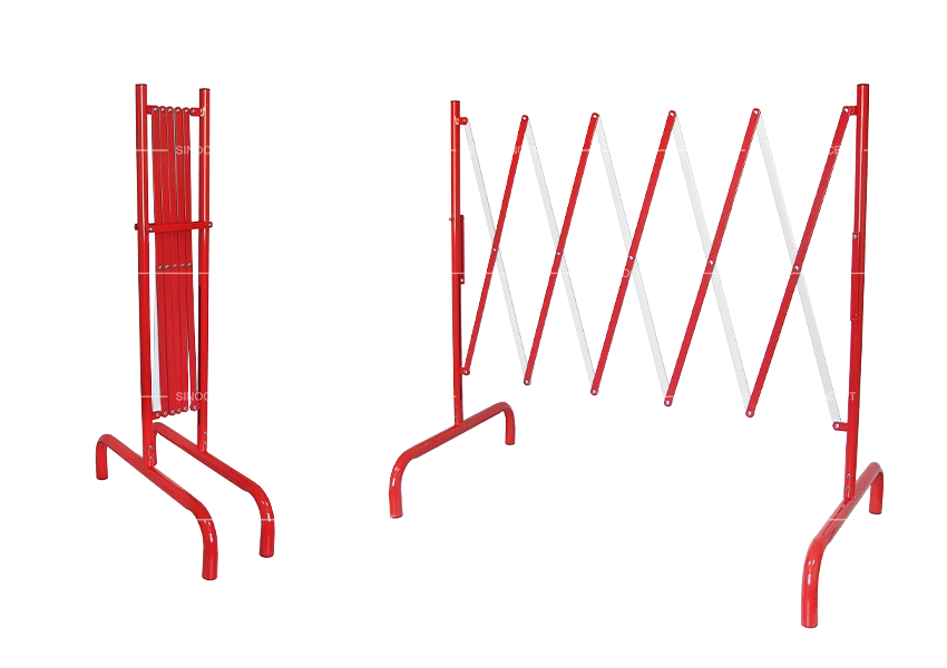 Expandable metal barrier shown open and folded for quick access control and space-saving storage