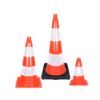 Featured image of three orange traffic cones in sizes 300mm, 500mm, and 750mm with reflective white stripes for enhanced visibility and road safety