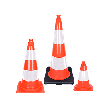 Featured image of three orange traffic cones in sizes 300mm, 500mm, and 750mm with reflective white stripes for enhanced visibility and road safety