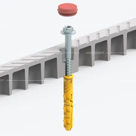 Lane Separators fixing kit showing hot-dip galvanised hex flange coach screws, plastic anchor and plastic caps for easy installation on asphalt or concrete