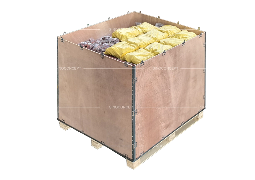 Lane separators packed in a wooden crate for shipment with fixing hardware included