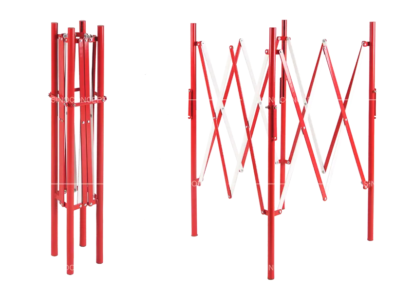 Manhole safety barrier showing its expanding and folding design for compact storage and easy transport