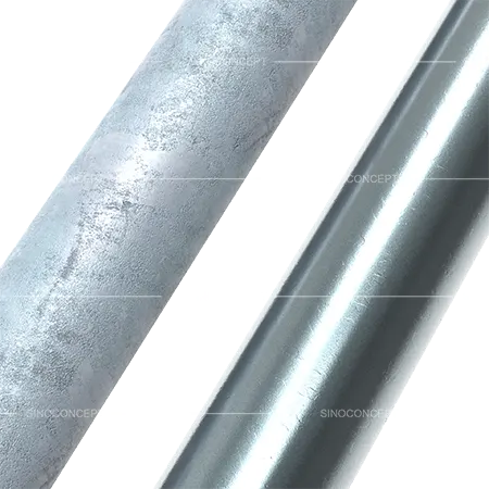 Comparison of surface finishes for parking barriers showing different galvanised steel textures