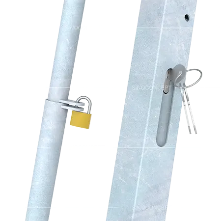 Parking barriers featuring two locking systems: a padlock with keys and a built-in lock with keys