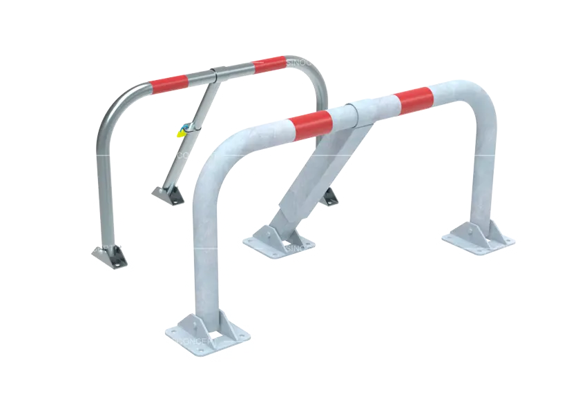 Parking barriers with fold-down design and reflective markings, compliant with relevant European standards for parking control applications.