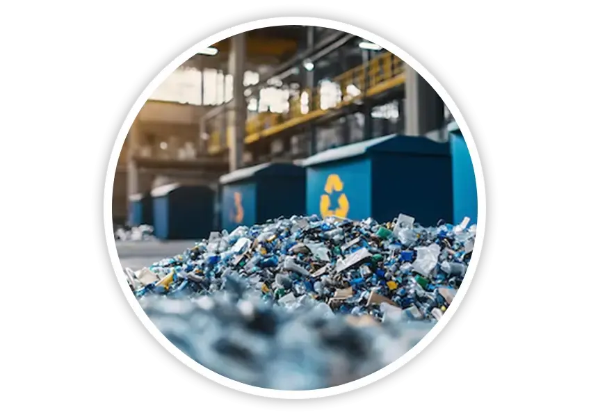 Pile of recycled plastic waste in factory with blue recycling bins used for producing sustainable traffic safety products