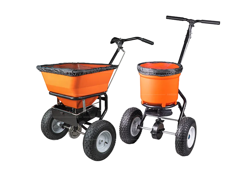 Salt spreaders 25L and 45L walk behind models with rubber wheels and push handle