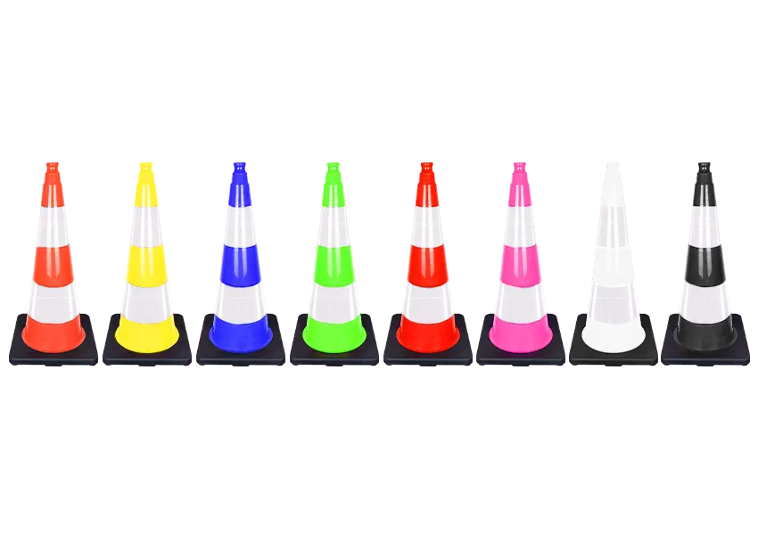 Full range of traffic cones in multiple colours including red yellow blue green pink white and black with reflective sleeve