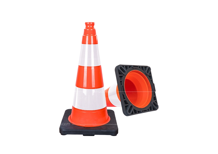 500 mm weighted traffic cone in orange PVC with black heavy base and white RA1 reflective films showing full view and bottom structure