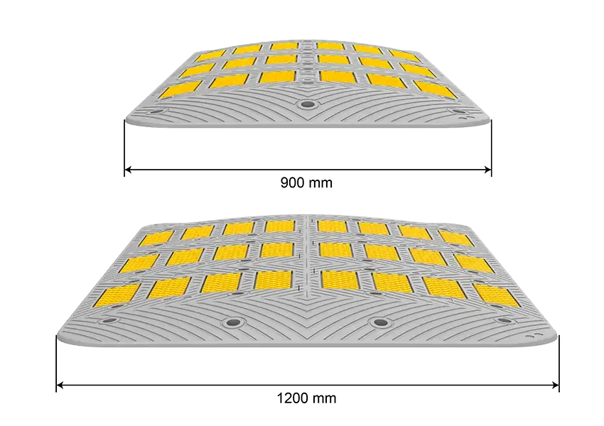 Front view comparison of 7 cm speed hump showing 900 mm and 1200 mm width variants with yellow panels