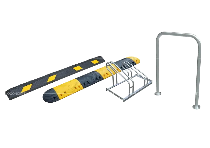 Overview of car park safety equipment including speed bumps, wheel stops, parking barriers, and cycle racks