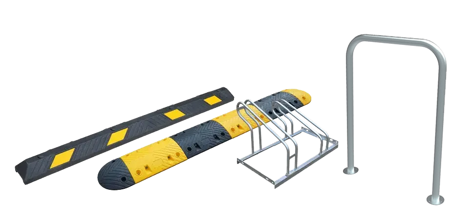 Car park safety management products such as wheel stops, speed bumps, hoop barriers, and bike racks