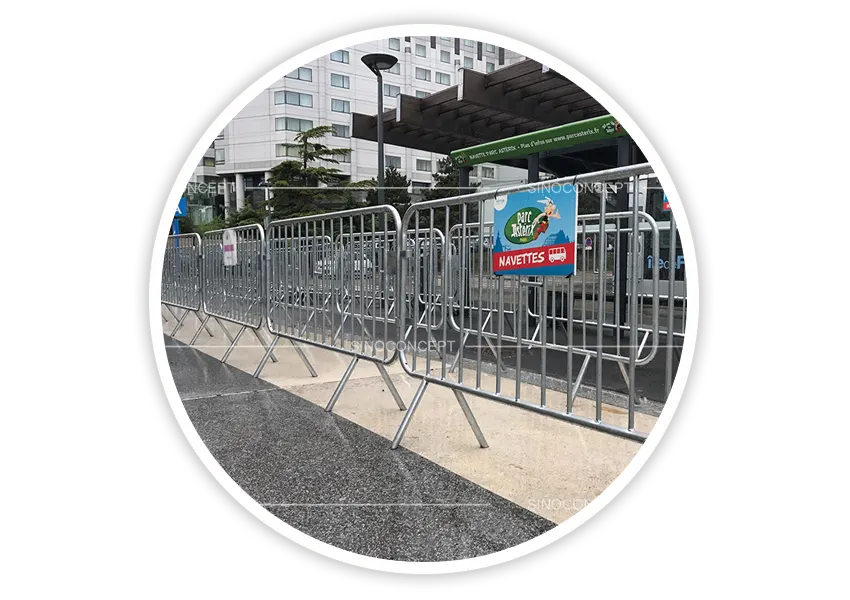 Crowd control barriers used at public festivals, queue areas and stadium entrances