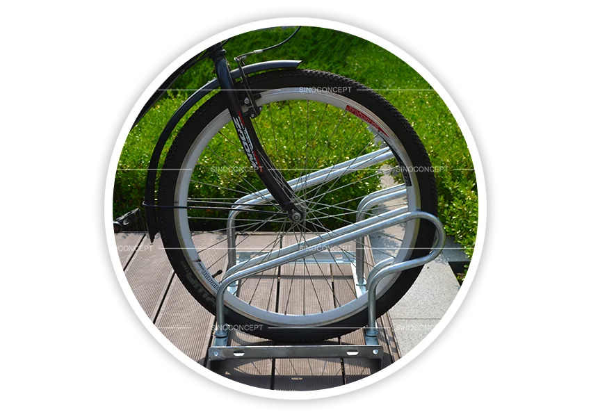 Cycle racks and cycle stands used for parking a bicycle in a galvanised steel rack