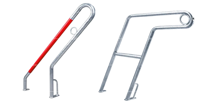 Cycle racks and cycle stands available with two locking options: L01 lock system with red PE cover and L2 lock system with tall locking bars for extra safety