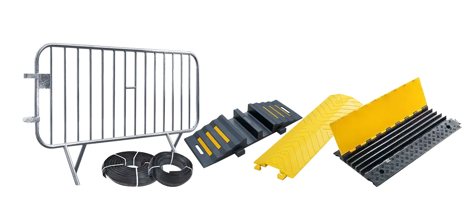 Event equipment including crowd control barriers, cable protectors, and other items for event management