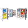 Gridwall mesh panel used in exhibition display setup with posters and graphics for retail and event presentation