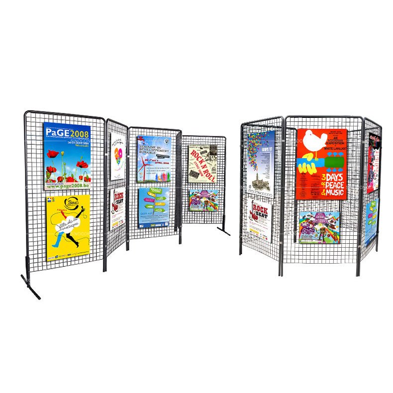 Gridwall mesh panel used in exhibition display setup with posters and graphics for retail and event presentation