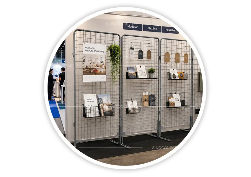 Gridwall panels used as modular display stands for exhibition product catalogues