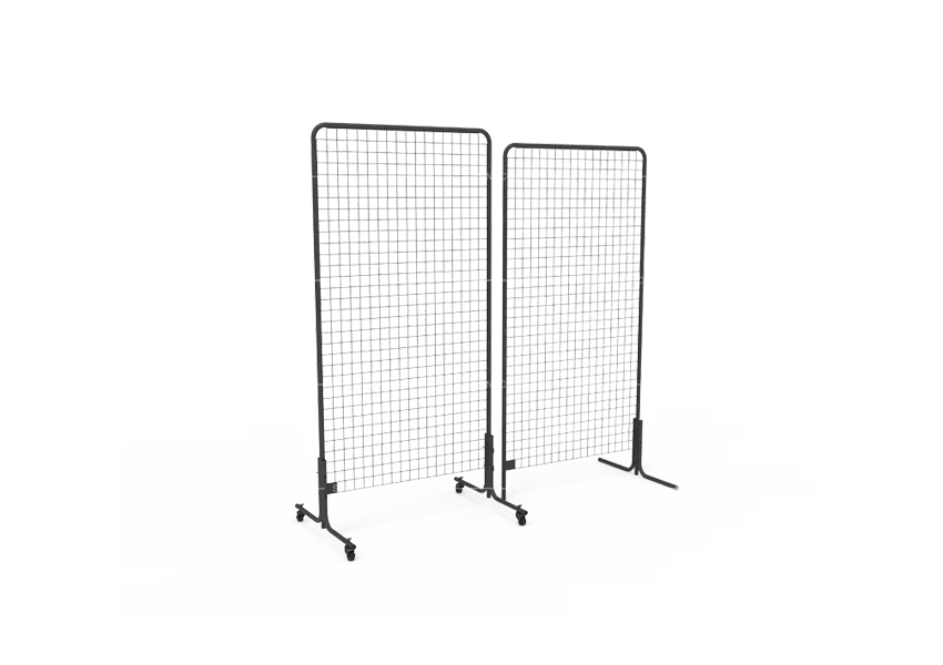 Mobile gridwall panels with caster wheels for flexible retail display layouts