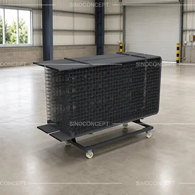 Gridwall panels stored on a wheeled trolley for transport and handling