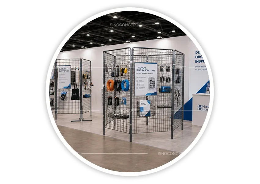 Gridwall panels used for modular product display in an exhibition booth