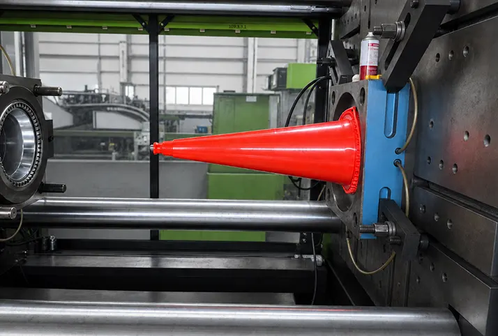 Injection moulding process for producing red plastic traffic cones in factory
