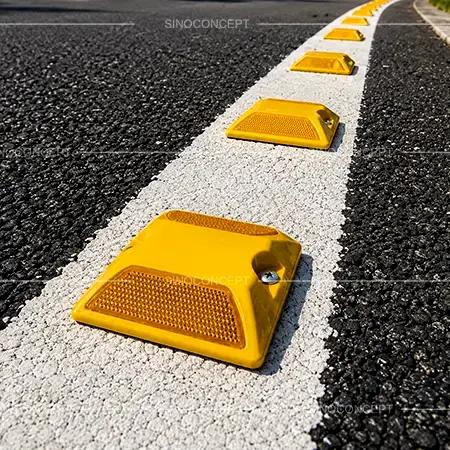 Plastic road studs from the reflective road studs range installed along a white road line for lane marking