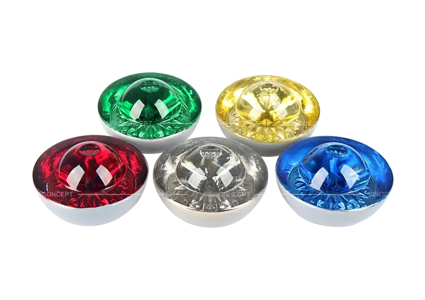 Reflective road studs in red, green, yellow, clear and blue glass colours