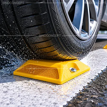 Plastic road stud from the reflective road studs range shown beneath a vehicle tyre on a wet road surface